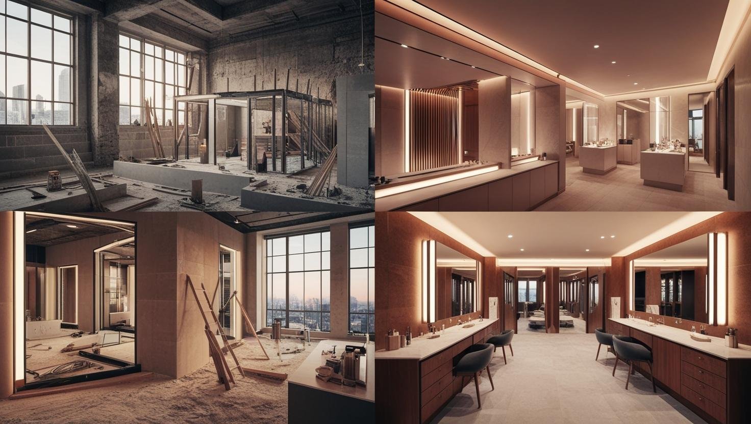 _Un cantiere stilizzato che trasforma un vecchio centro in un moderno centro estetico, si devono vedere gli interni del centro. L'immagine deve essere interamente all'interno del centro