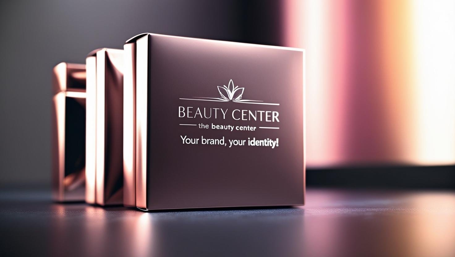 _Una confezione elegante di cosmetici con il nome del centro estetico in evidenza. Lo slogan_ 'Il tuo marchio, la tua identità!'_