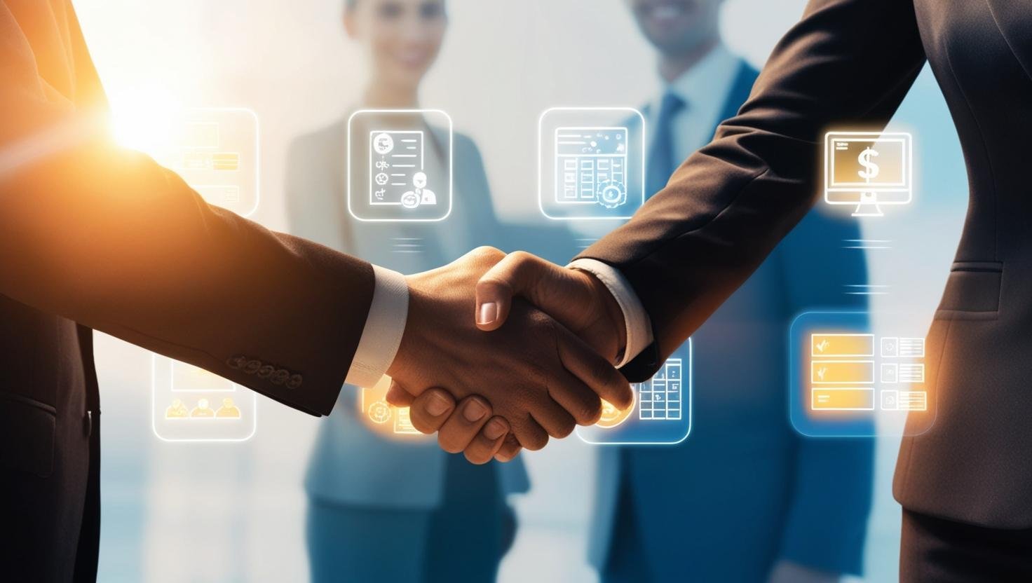 _Una stretta di mano tra due persone con icone di software e finanza sullo sfondo